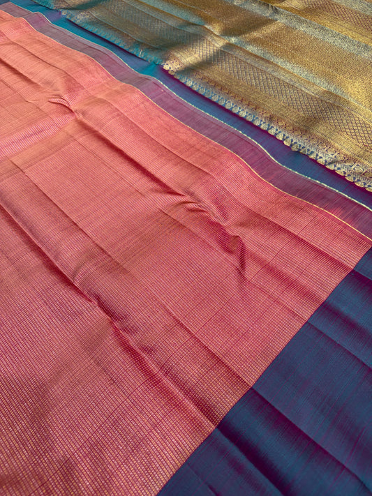 Pure Vintage Onion Pink & Peach Dual Tone vairavoosi Saree with Light Rama Blue Plain Border