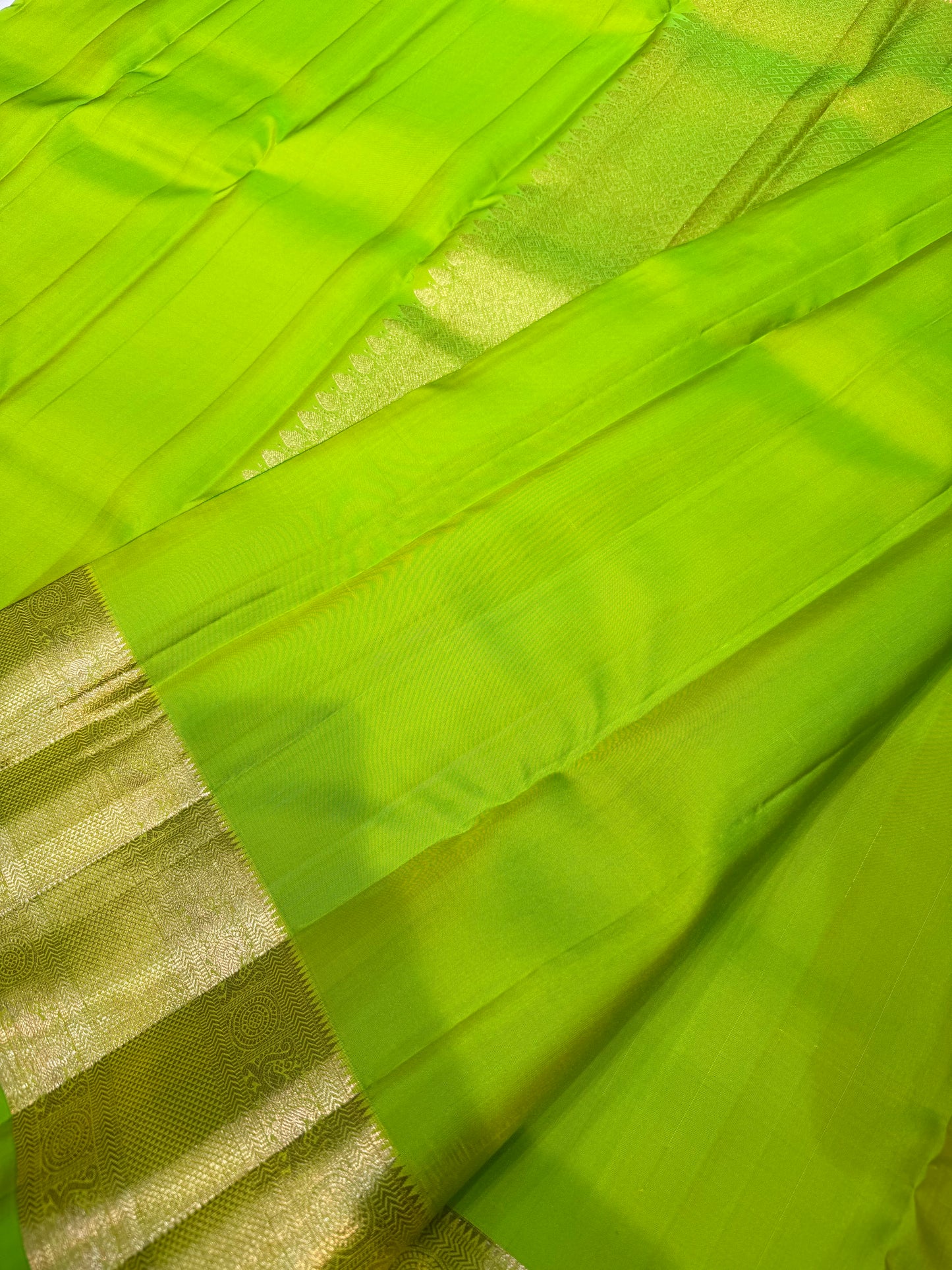 Plain Parrot Green Pure Silk Saree with Minimal Gold Border