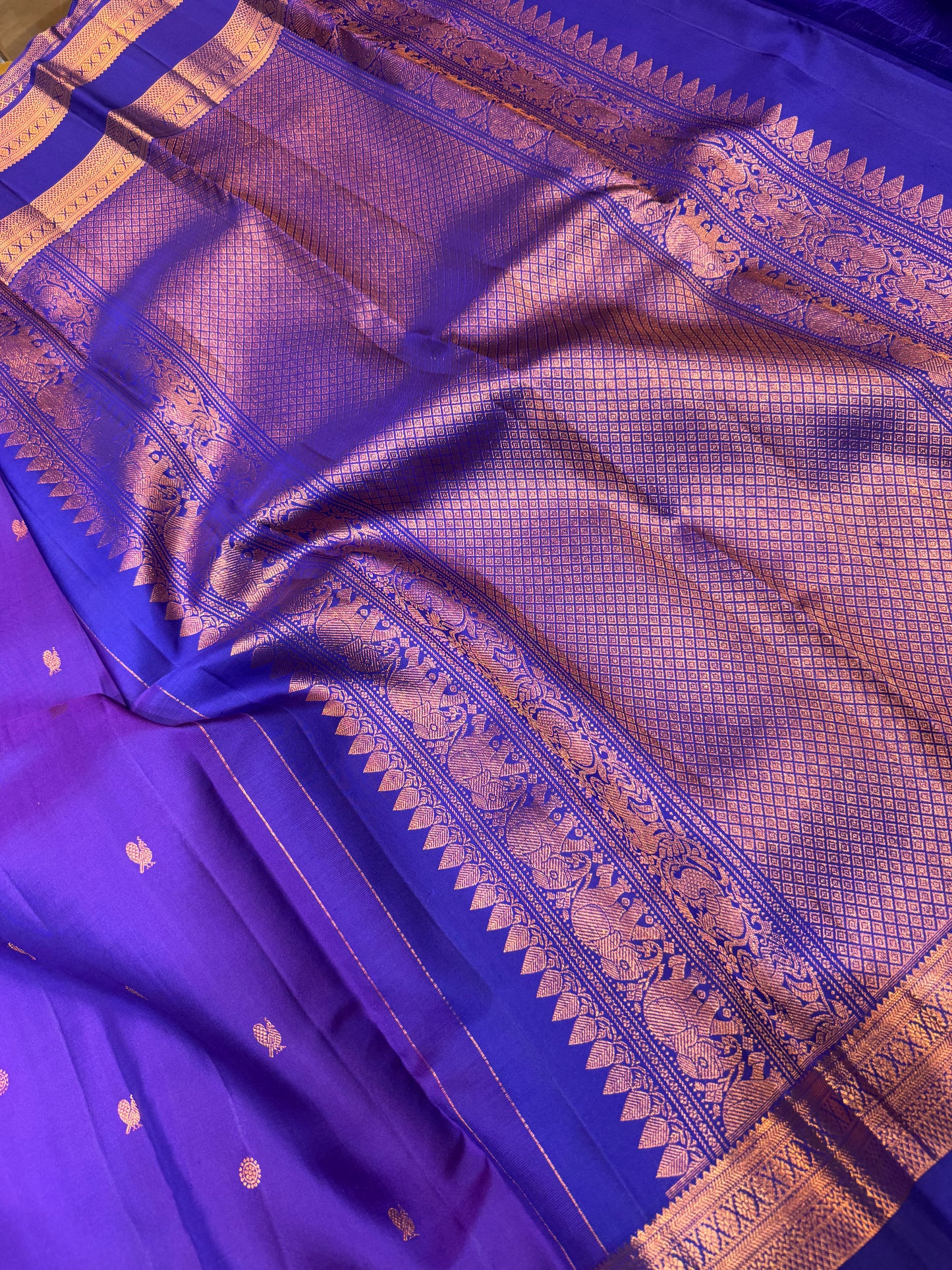 Pure Vintage Purple Blue Dual Tone Saree with Ragi Zari Gap Border