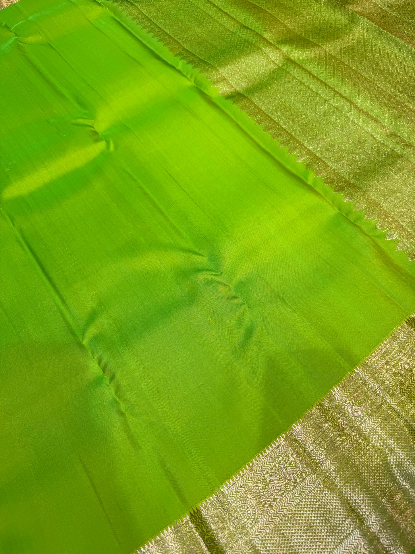 Plain Parrot Green Pure Silk Saree with Minimal Gold Border