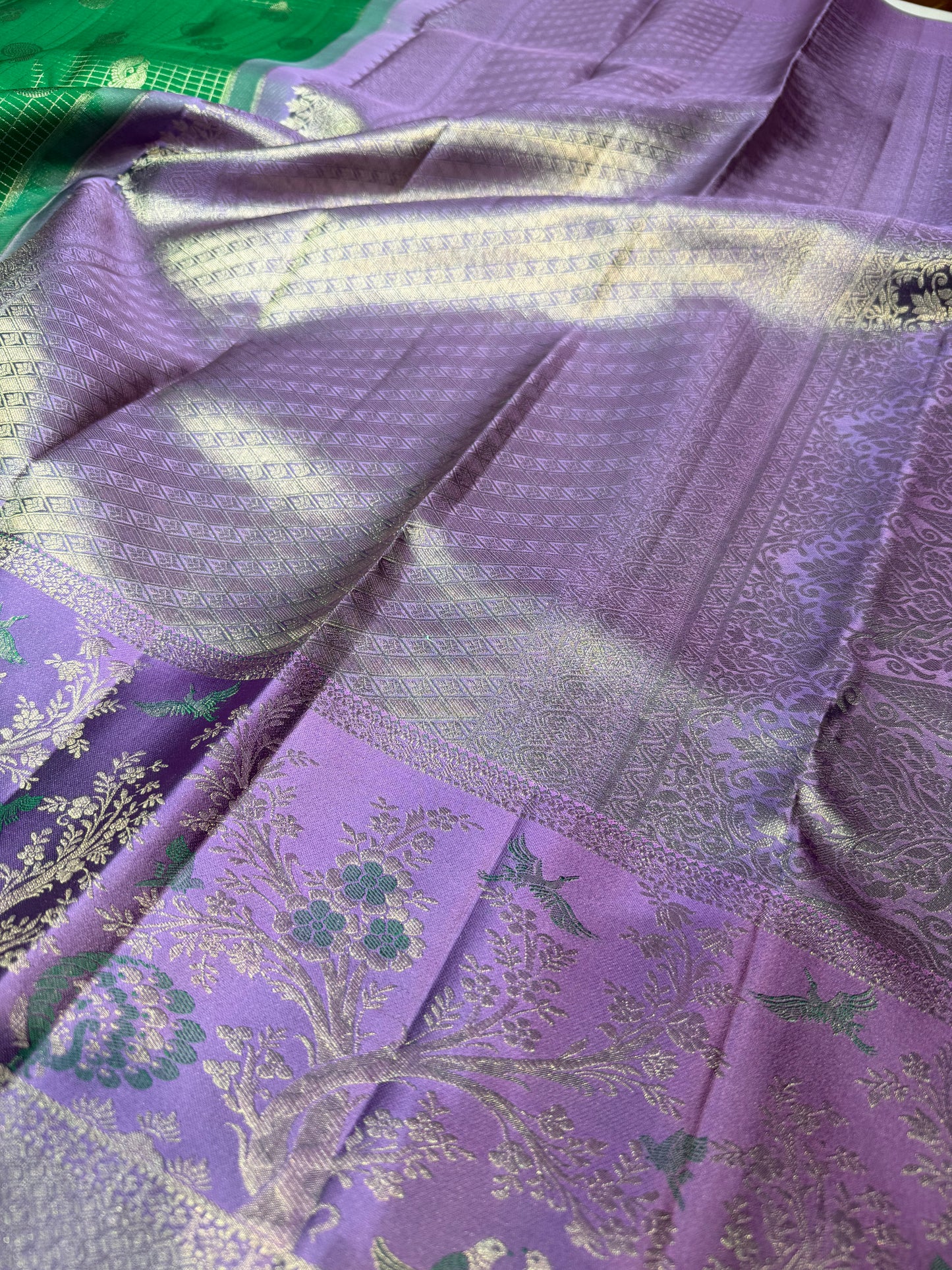 Dark Green Pure Vintage Saree with Brinjal Meenakari Border & Floral Motifs