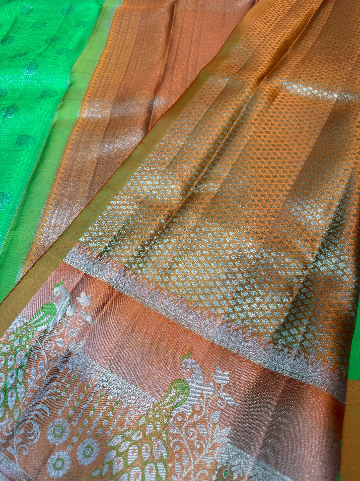 Royal Green Pure Vintage Saree with Orange Meenakari Border & Peacock Motifs
