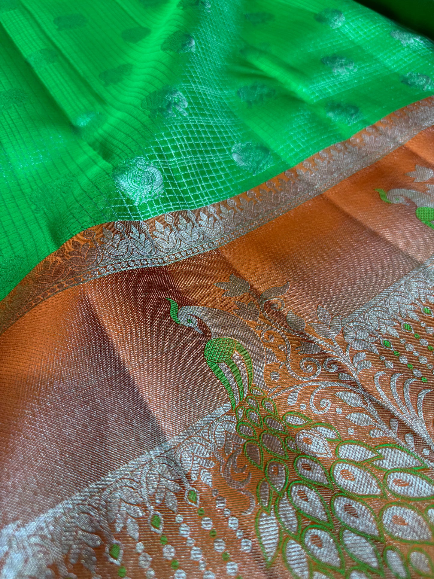 Royal Green Pure Vintage Saree with Orange Meenakari Border & Peacock Motifs