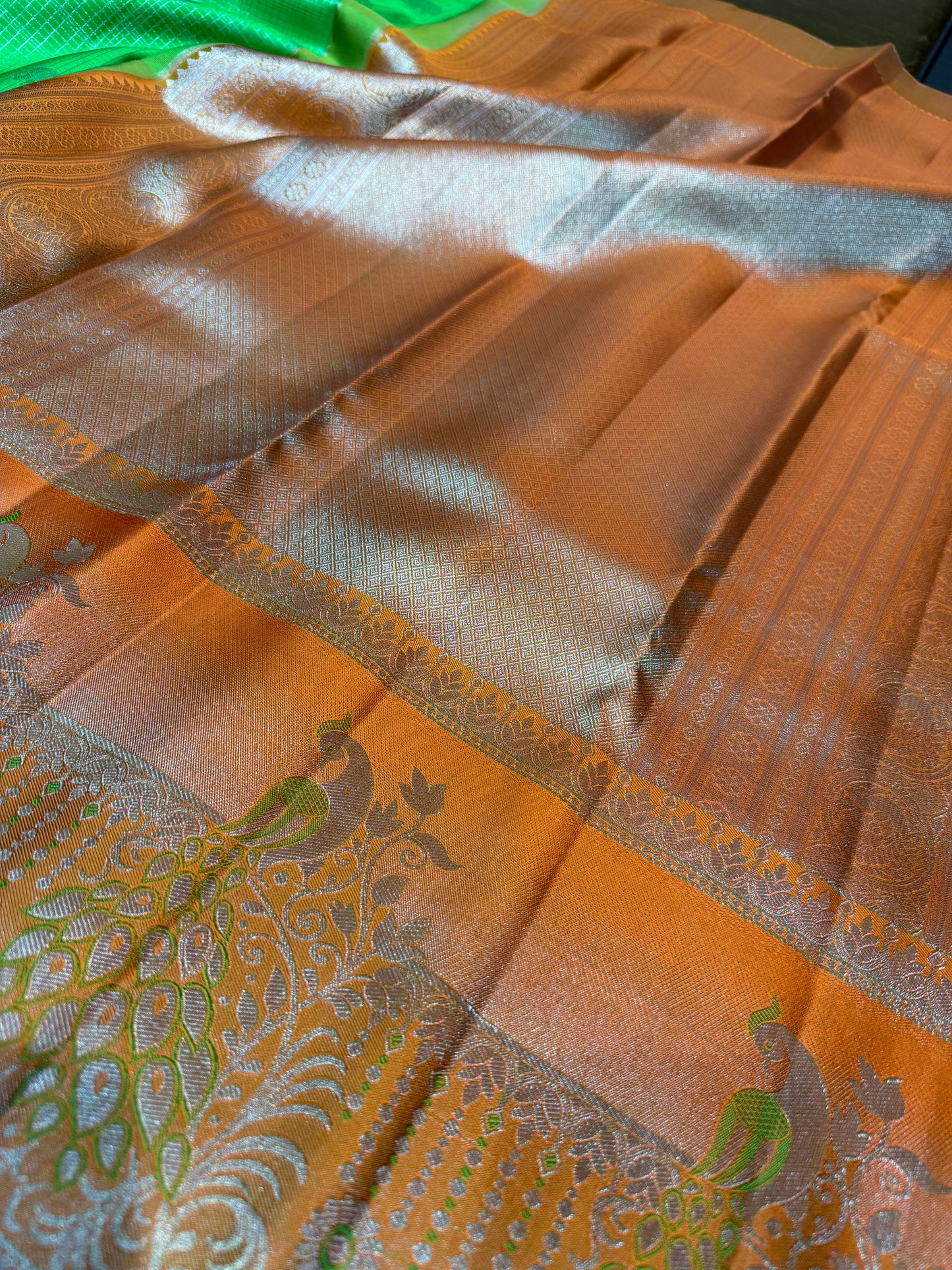 Royal Green Pure Vintage Saree with Orange Meenakari Border & Peacock Motifs