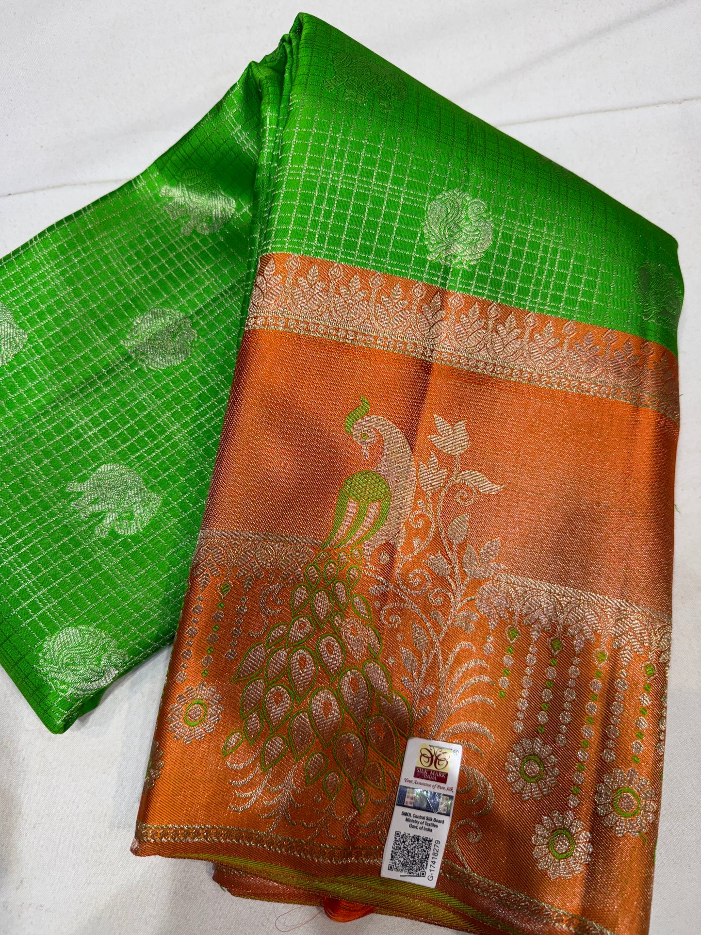 Royal Green Pure Vintage Saree with Orange Meenakari Border & Peacock Motifs