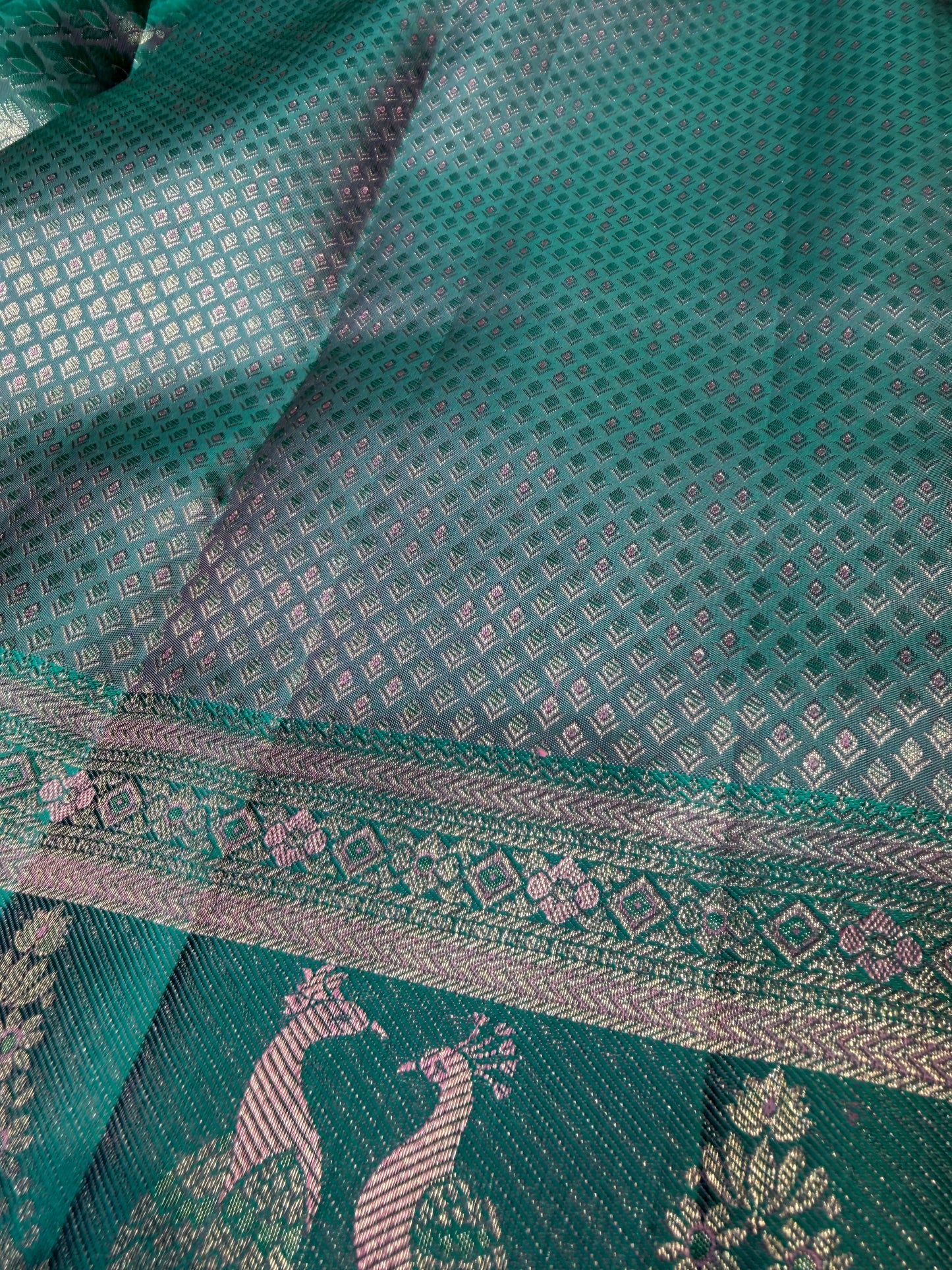 Baby Pink Pure Vintage Saree with Sea Blue Meenakari Border & Peacock Motifs
