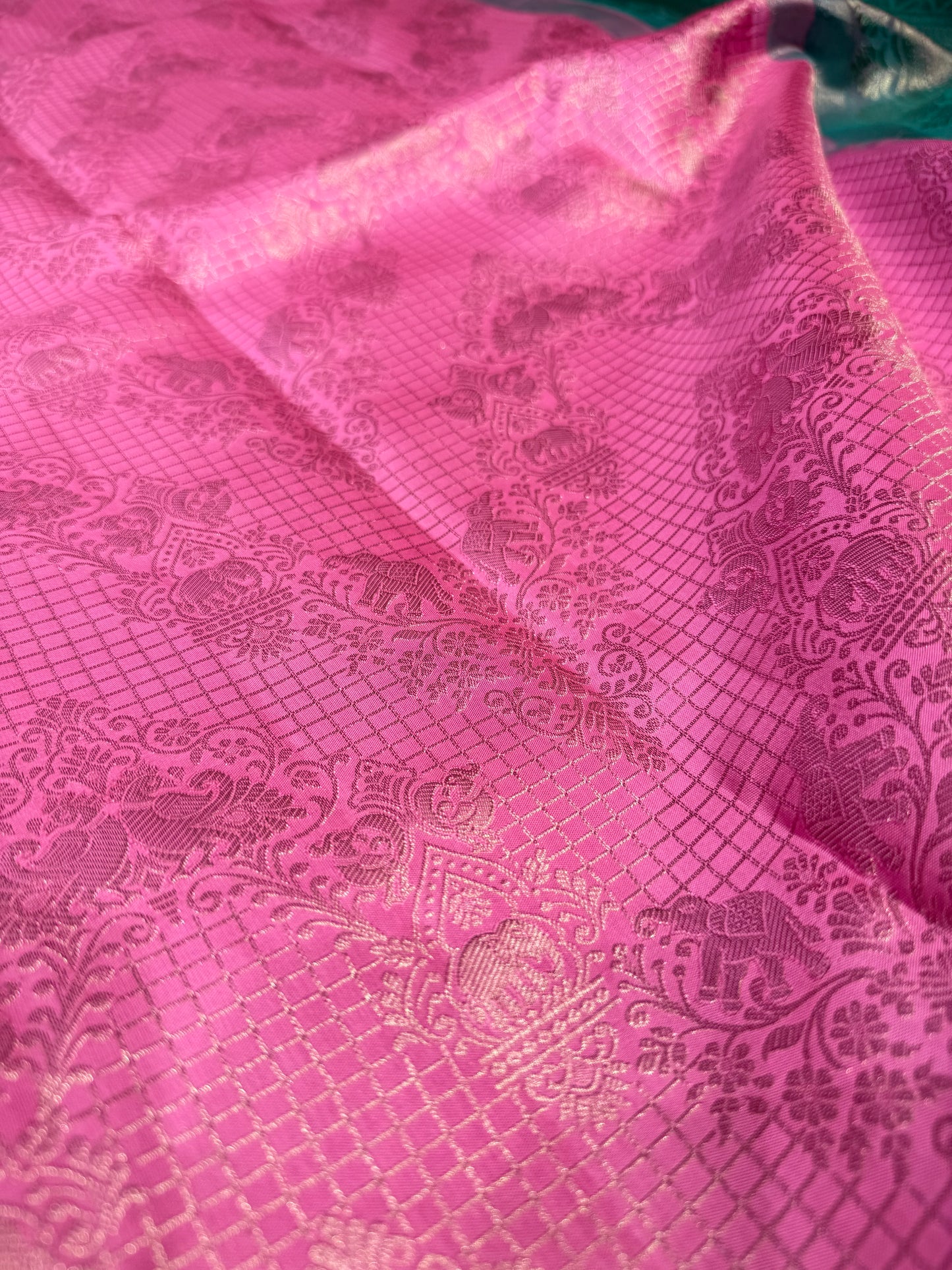 Baby Pink Pure Vintage Saree with Sea Blue Meenakari Border & Peacock Motifs