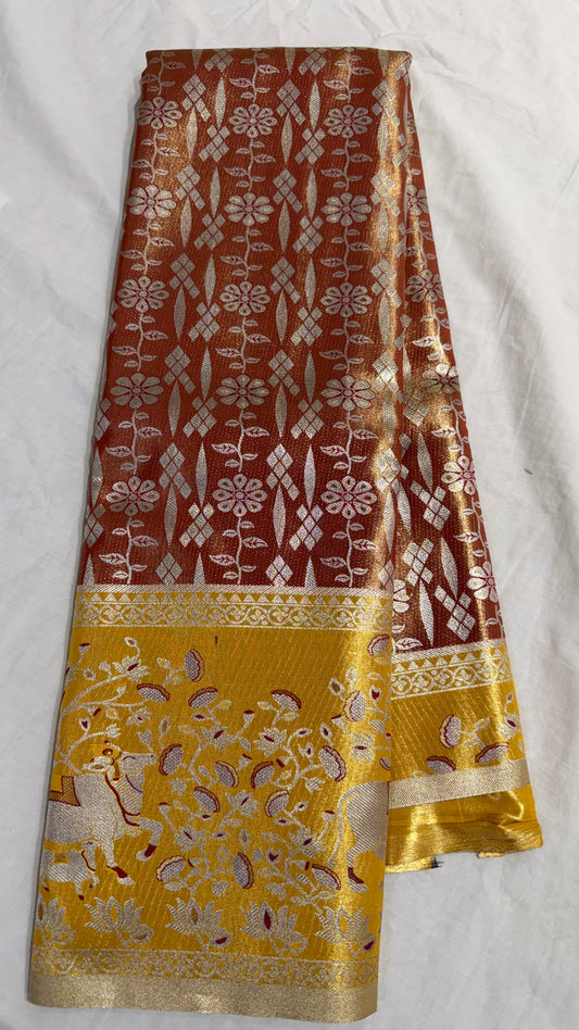 Brown Semi Kanchipattu sarees with yellow traditional Meenakari border