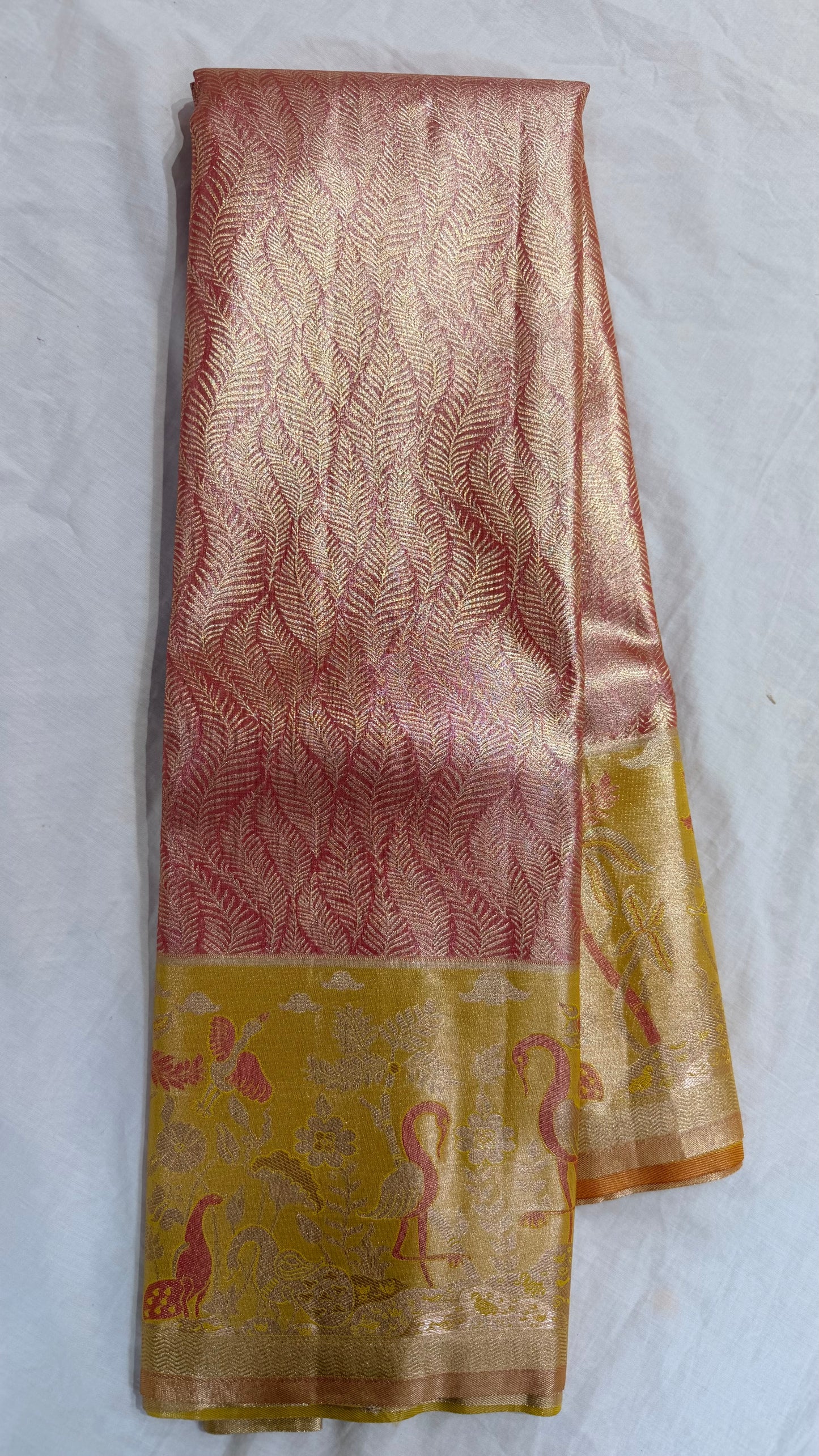 Red and Yellow Semi Kanchipattu sarees with traditional Meenakari border