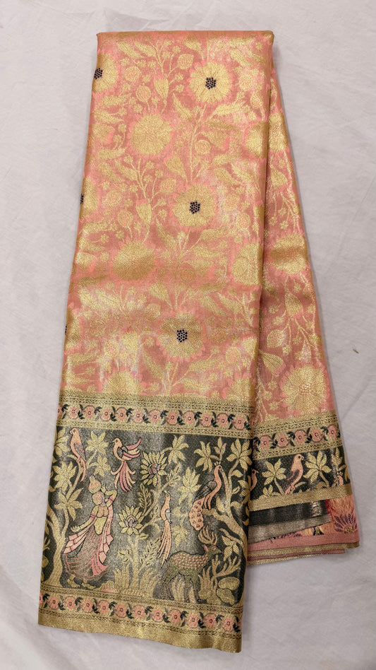 Peach Semi Kanchipattu sarees with traditional Meenakari border