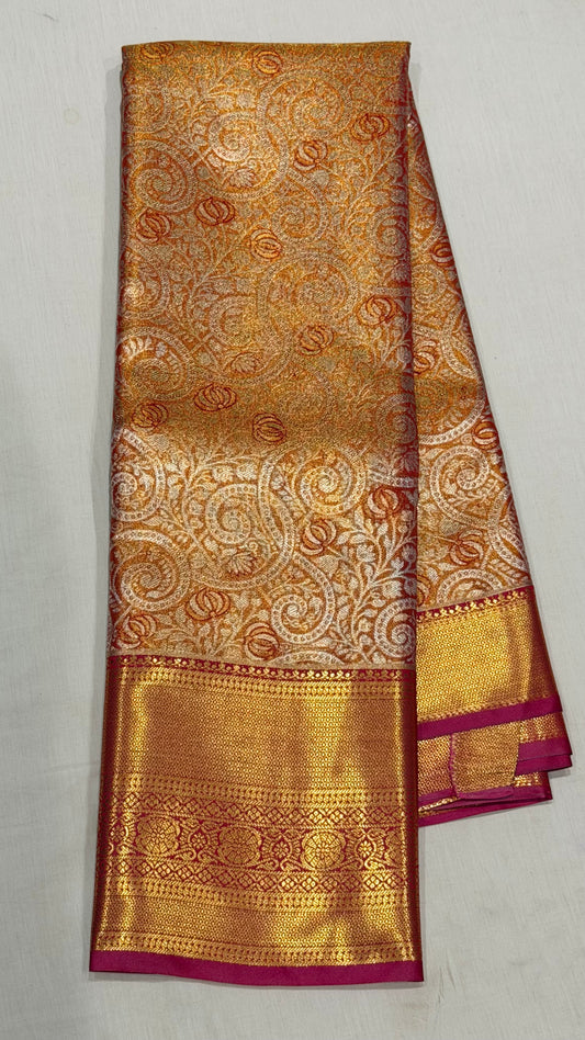 Red and Gold Semi Kanchipattu sarees with traditional  border