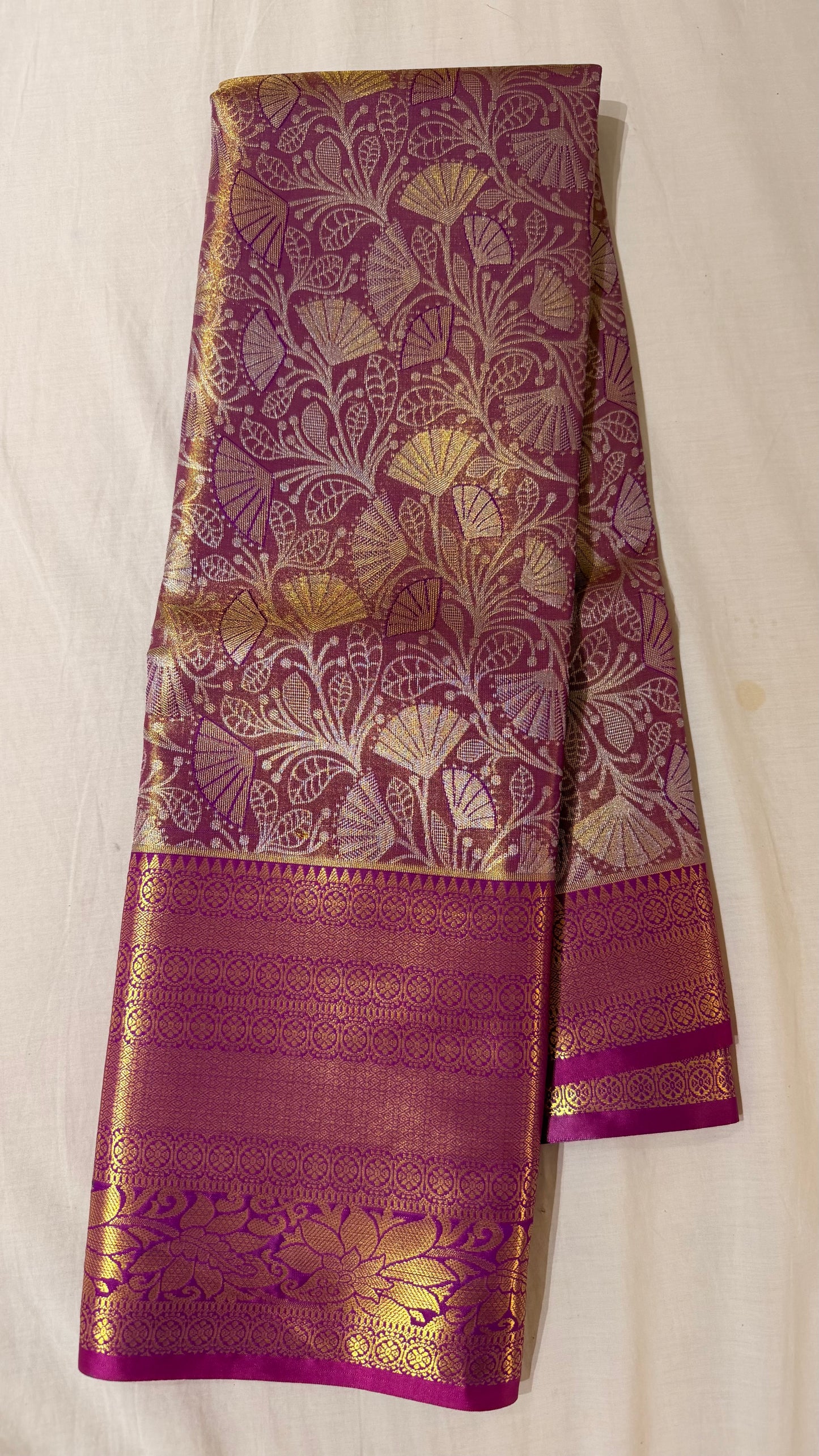 Purple  Semi Kanchipattu sarees with gold traditional  border