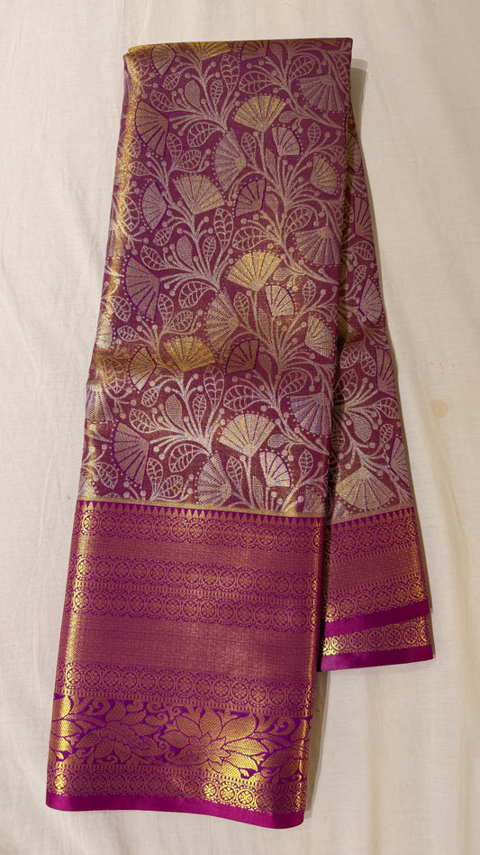Purple  Semi Kanchipattu sarees with gold traditional  border