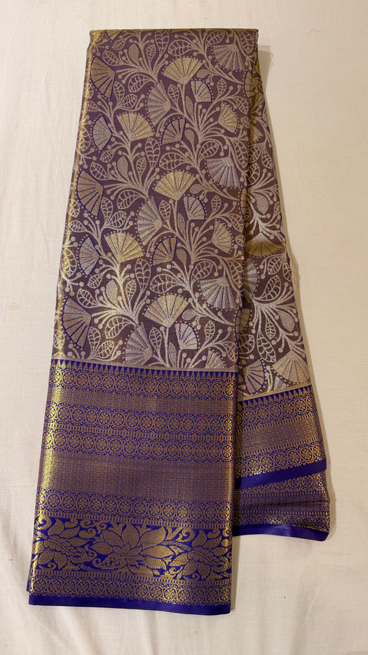 Purple Floral Semi Kanchipattu sarees with traditional  border