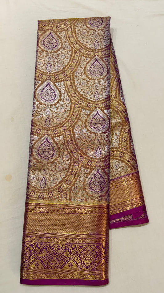 Orange pink Semi Kanchipattu sarees with traditional  border