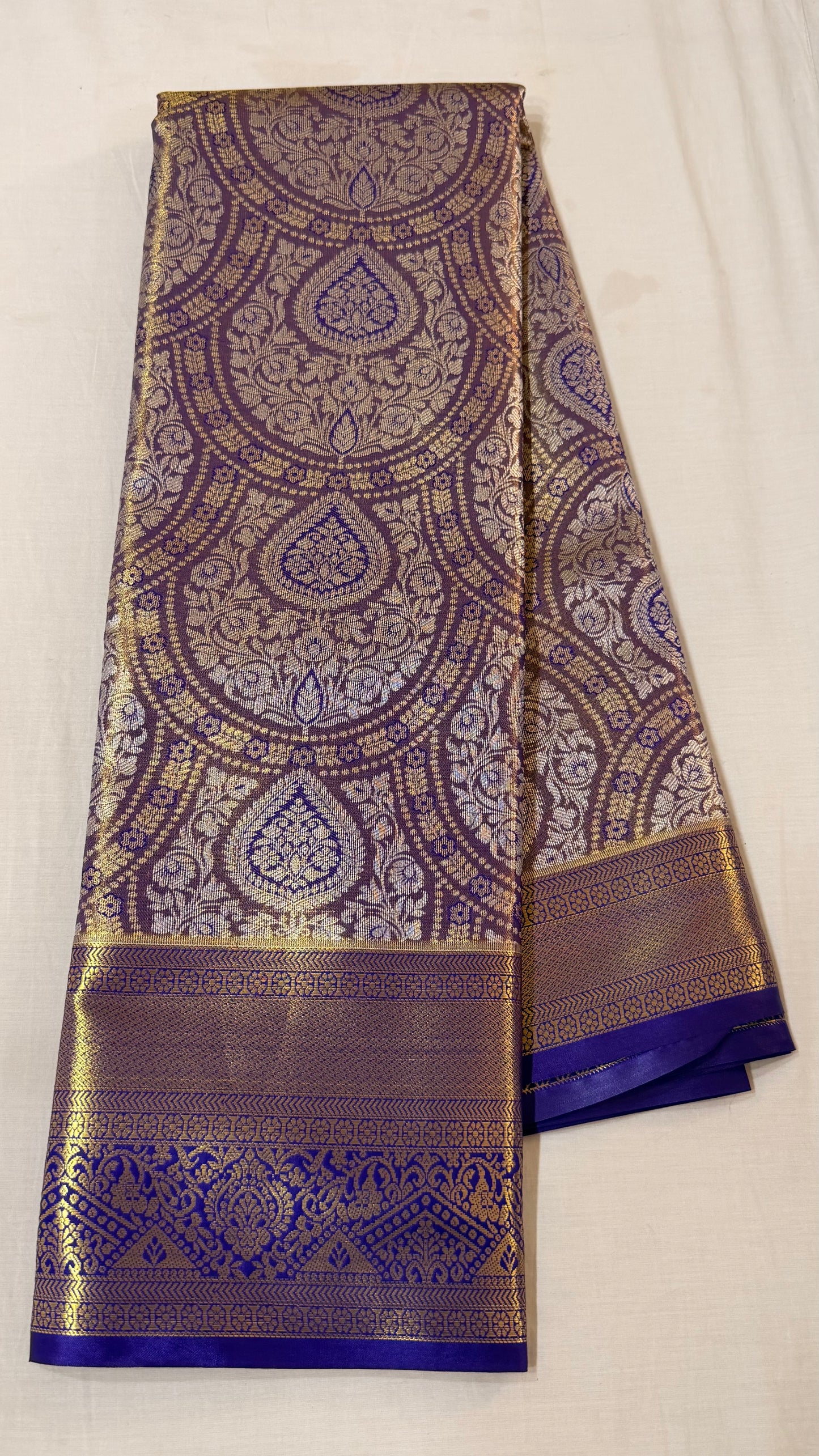 Purple gold Semi Kanchipattu sarees with blue traditional  border