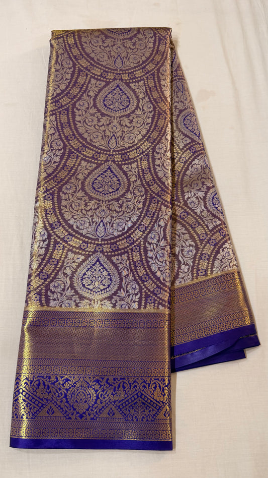 Purple gold Semi Kanchipattu sarees with blue traditional  border