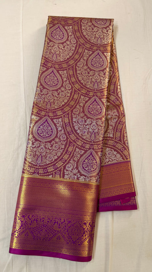 Pink Silver Semi Kanchipattu sarees with  traditional  border