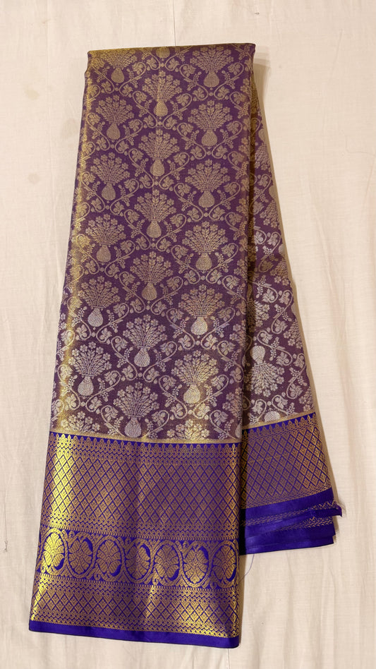 Purple Semi Kanchipattu sarees with blue traditional  border