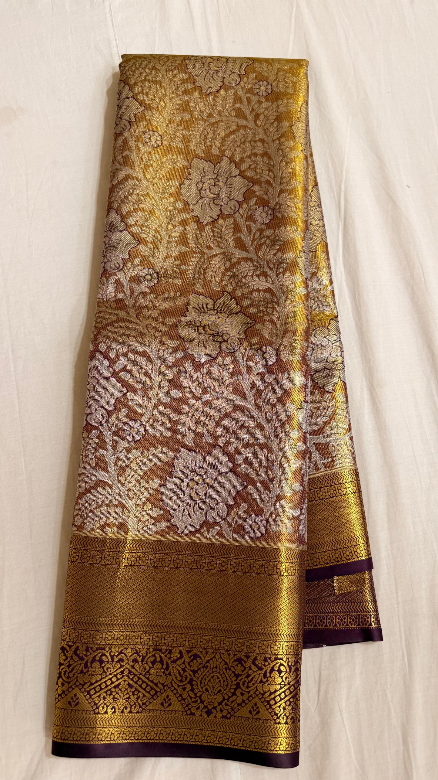 Gold and Brown Semi Kanchipattu sarees with traditional  border