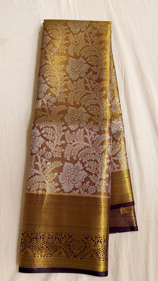 Gold and Brown Semi Kanchipattu sarees with traditional  border