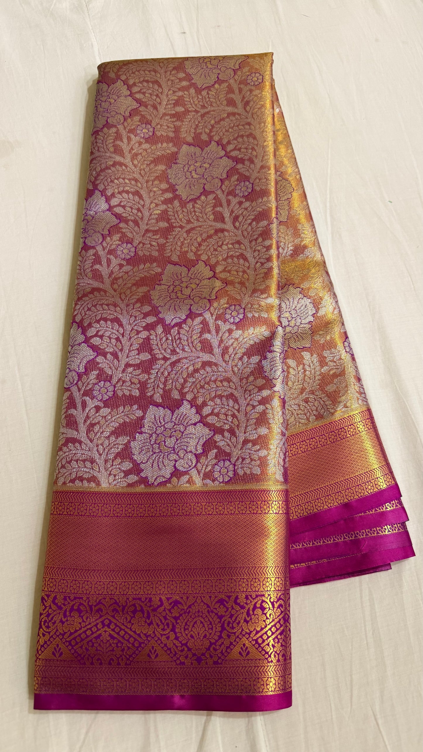 Pink silver Semi Kanchipattu sarees with blue traditional  border
