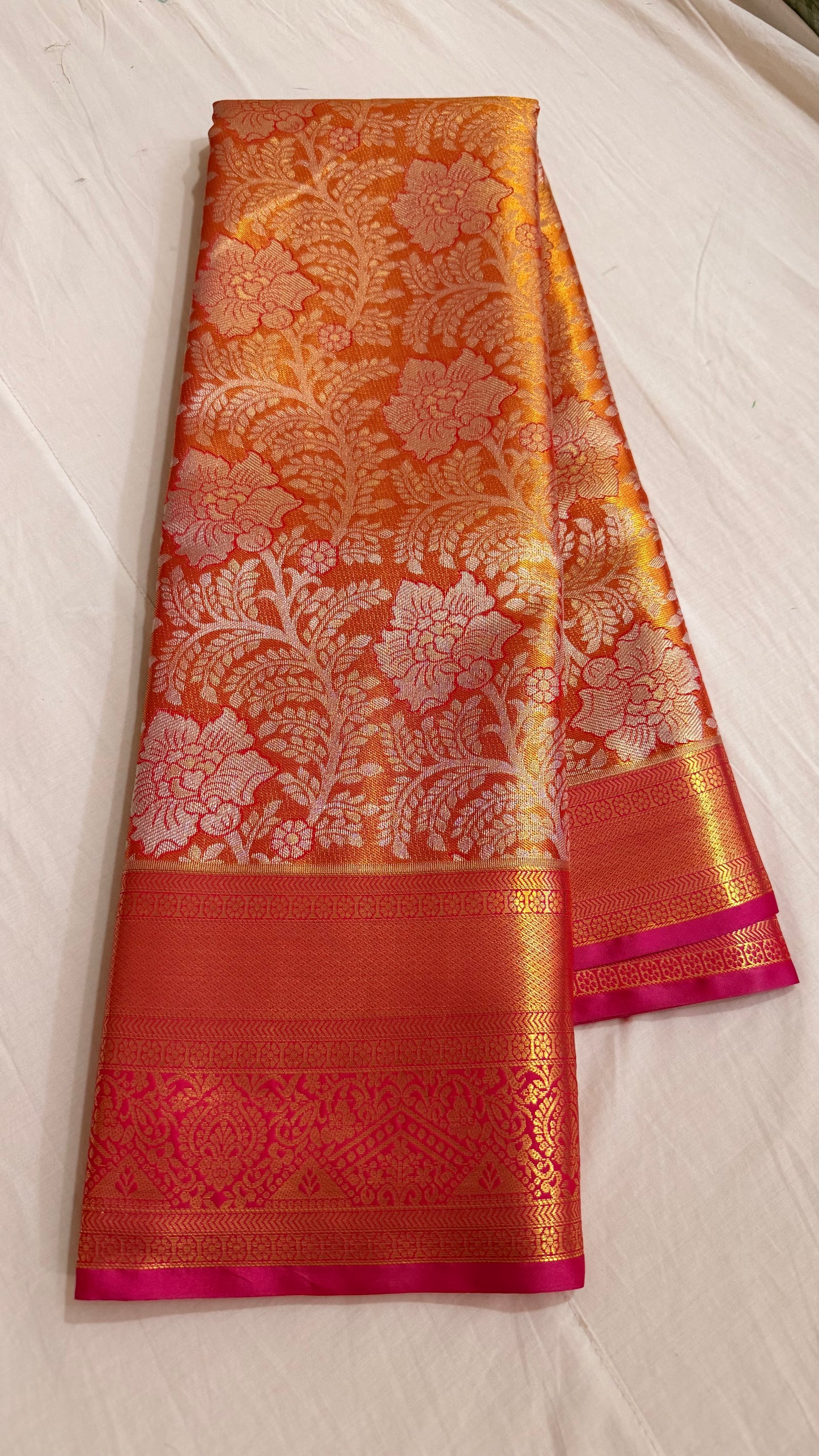 Orange and Gold Semi Kanchipattu sarees with traditional  border