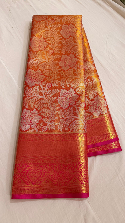 Orange and Gold Semi Kanchipattu sarees with traditional  border