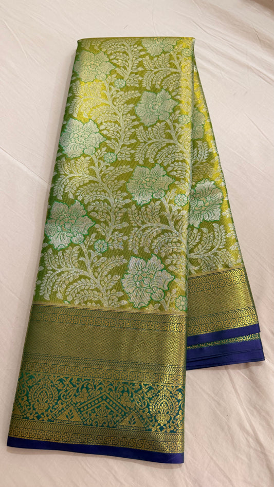 Green and blue Semi Kanchipattu sarees with traditional  border