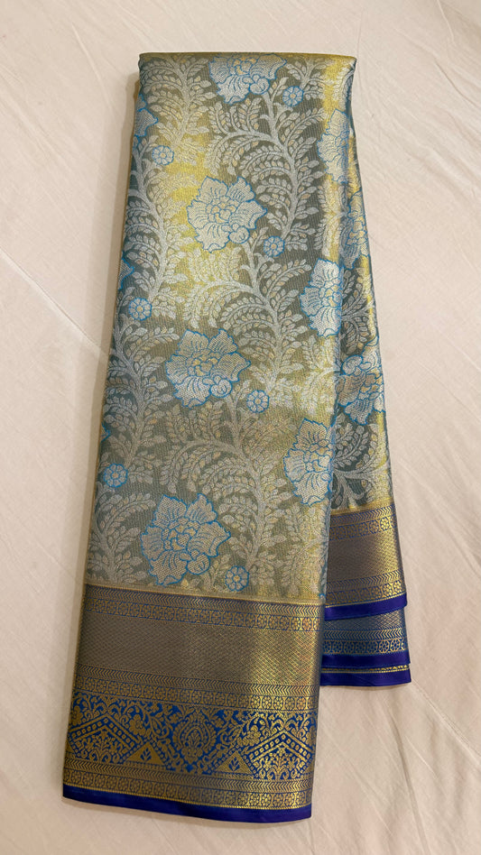 Sea blue brown Semi Kanchipattu sarees with gold  traditional  border