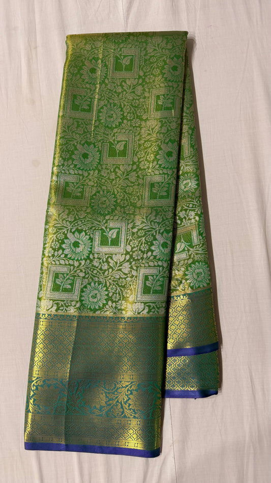 Green Semi Kanchipattu sarees with blue traditional  border