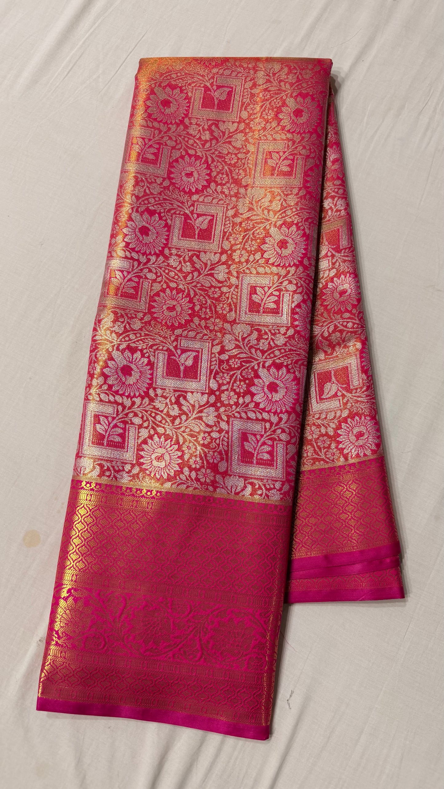 Pink and Gold Semi Kanchipattu sarees with traditional  border