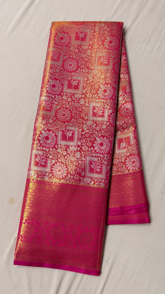 Pink and Gold Semi Kanchipattu sarees with traditional  border