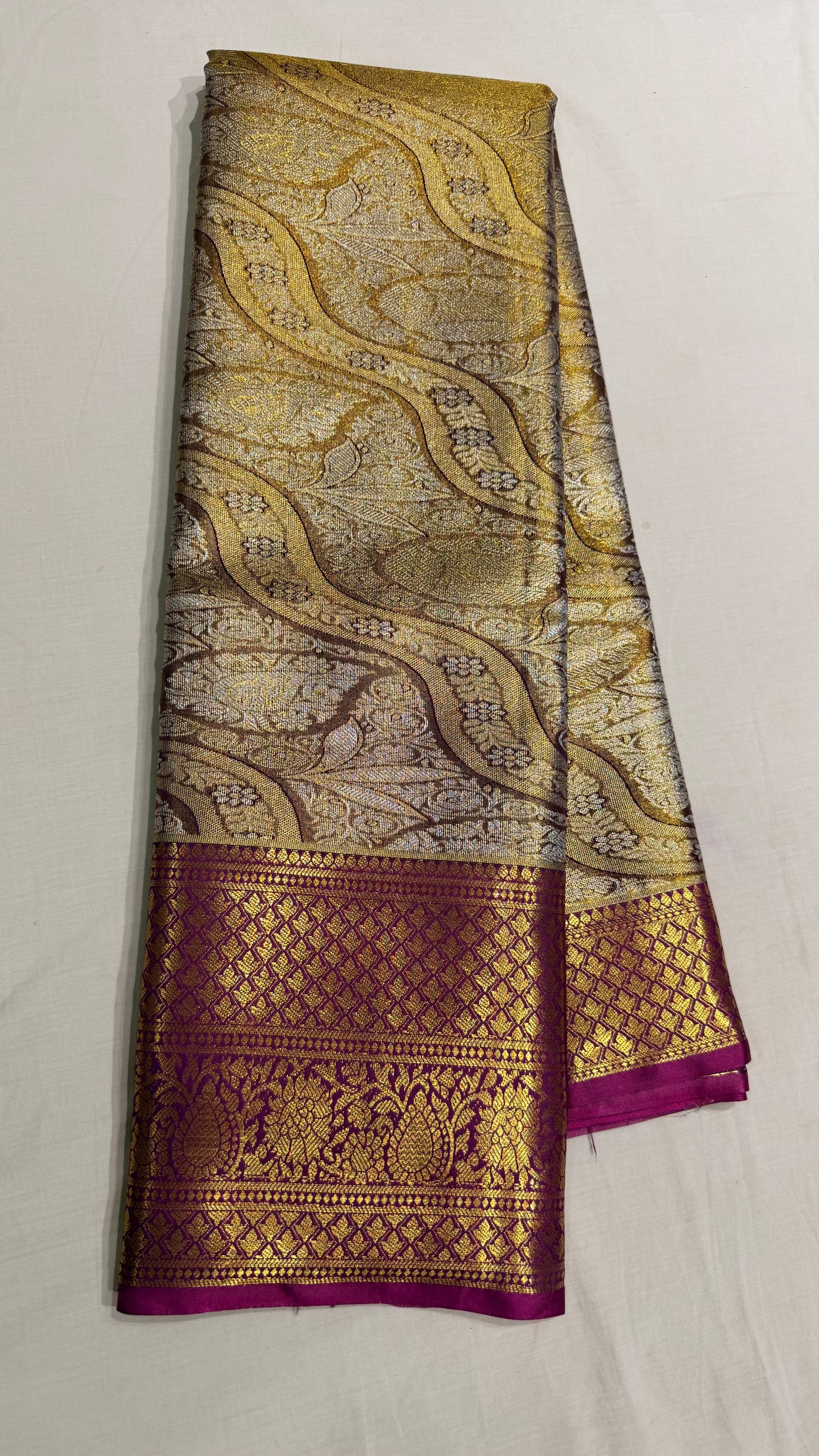Gold Silver Semi Kanchipattu sarees with  maroon traditional border