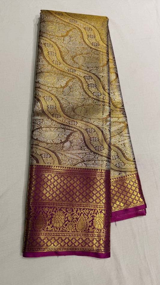 Gold Silver Semi Kanchipattu sarees with  maroon traditional border