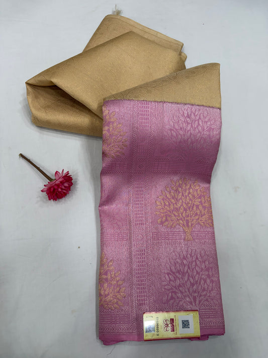 Biscuit Cream Korvai Pure Kanchipattu Saree with Baby Pink Meenakari Border & Blouse