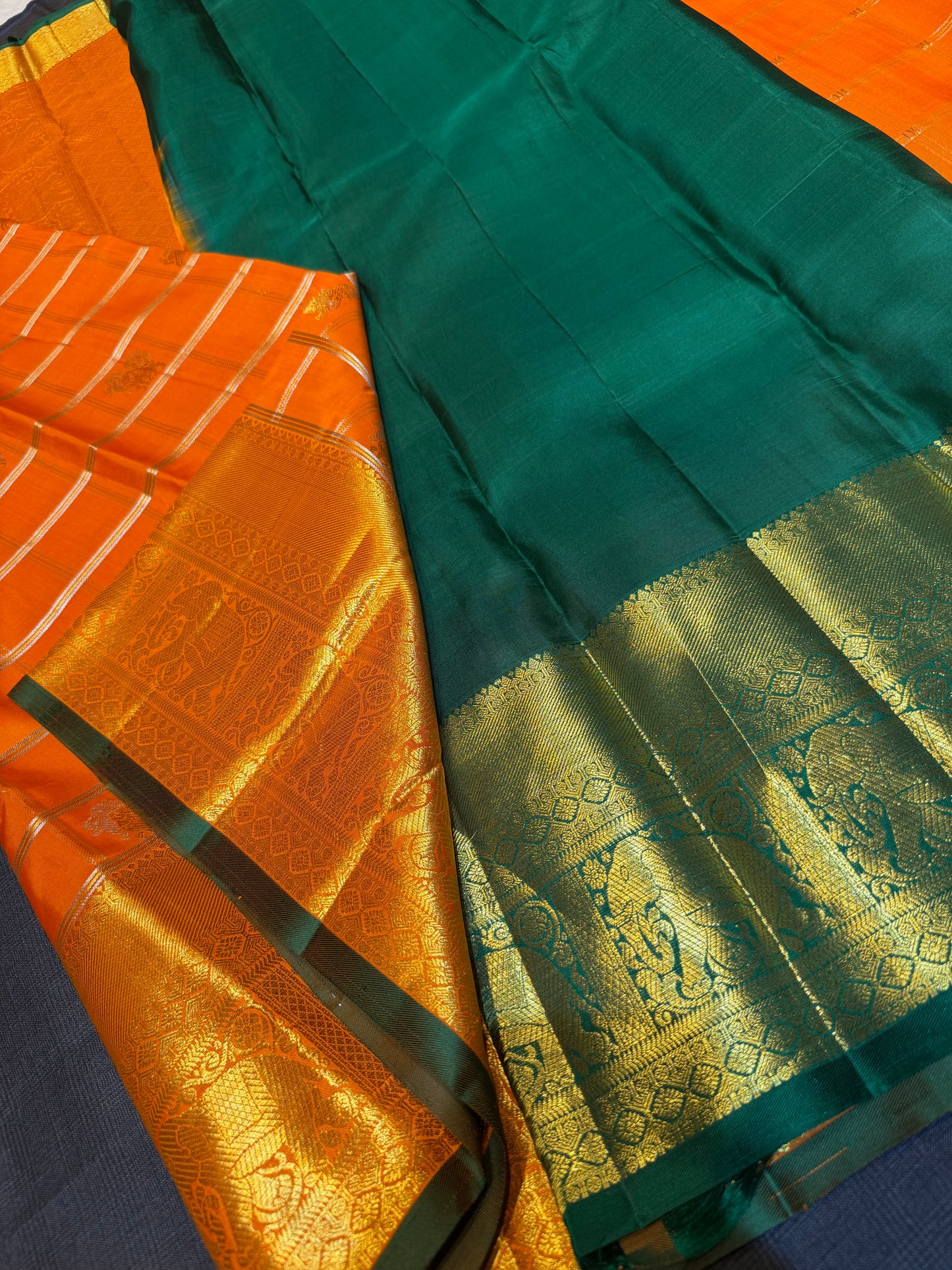Orange Vintage Pure Kanchipattu Saree with Self Kanchi Border & Contrast Dark Green Blouse