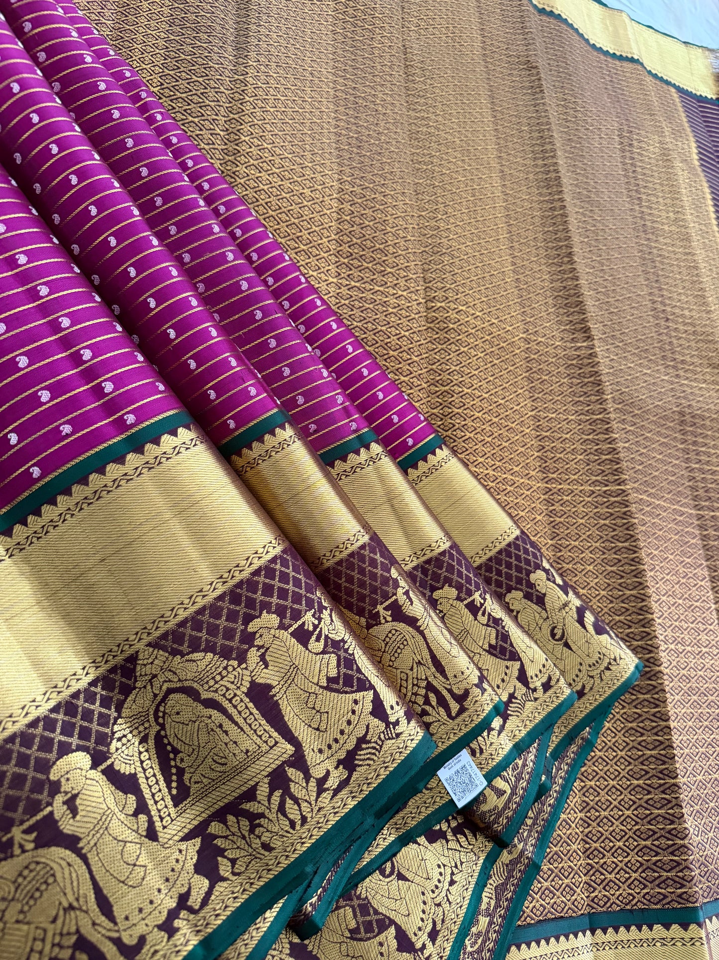 Dark Pink Pure Handloom Kanchipattu Saree with Mango Motifs & Chocolate Brown Pallaki Border