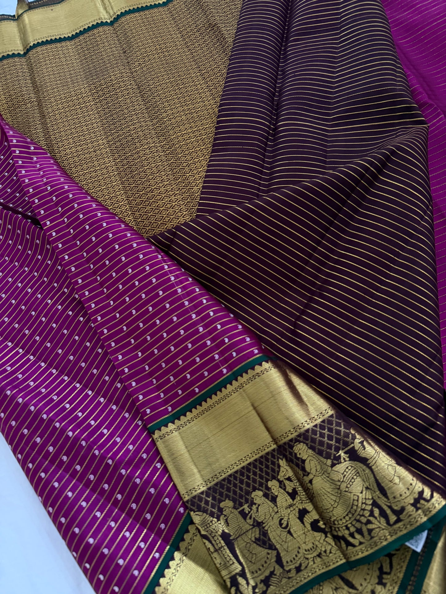 Dark Pink Pure Handloom Kanchipattu Saree with Mango Motifs & Chocolate Brown Pallaki Border