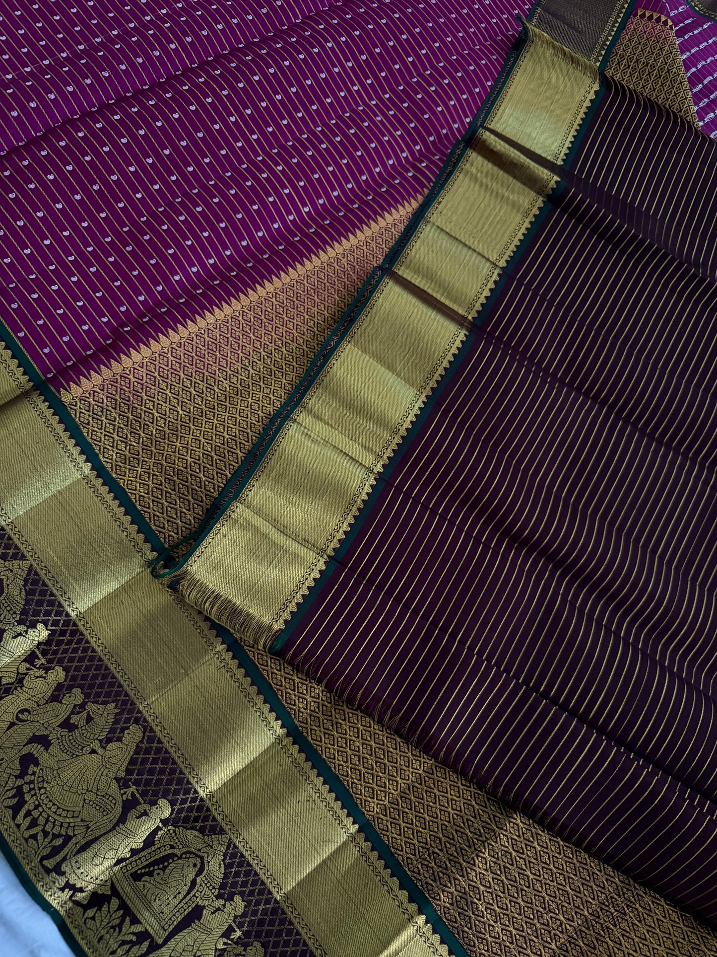 Dark Pink Pure Handloom Kanchipattu Saree with Mango Motifs & Chocolate Brown Pallaki Border