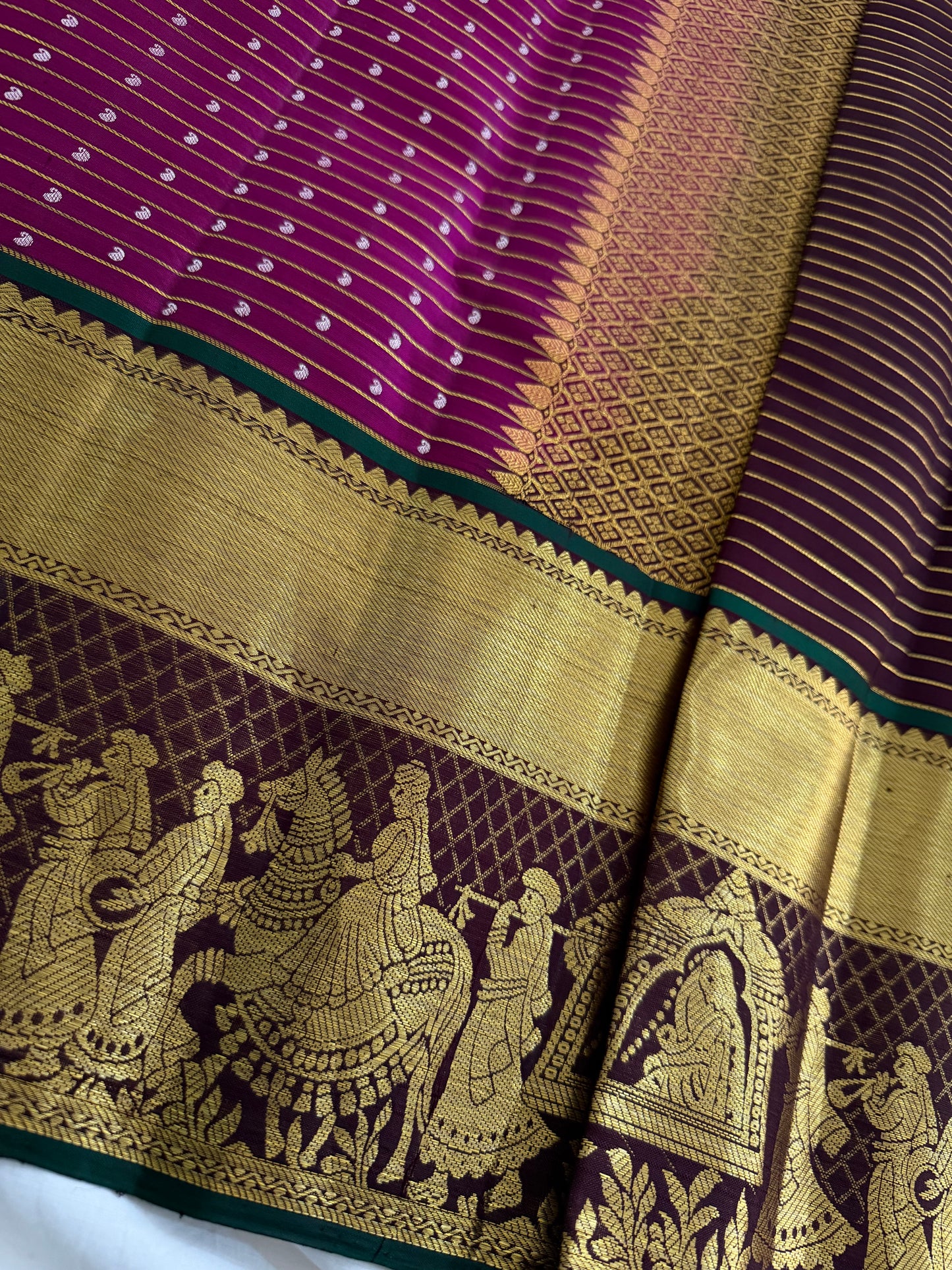 Dark Pink Pure Handloom Kanchipattu Saree with Mango Motifs & Chocolate Brown Pallaki Border