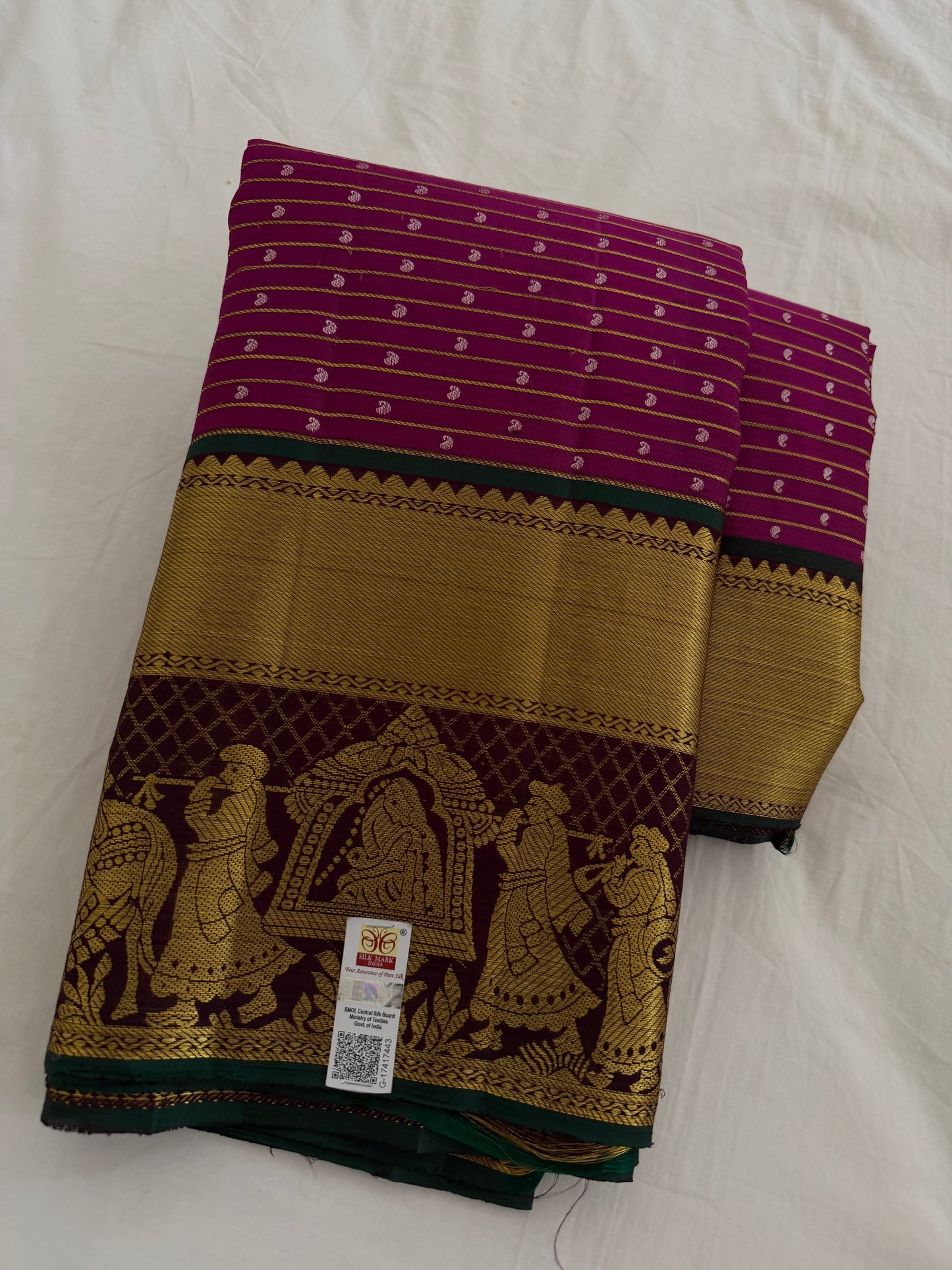 Dark Pink Pure Handloom Kanchipattu Saree with Mango Motifs & Chocolate Brown Pallaki Border