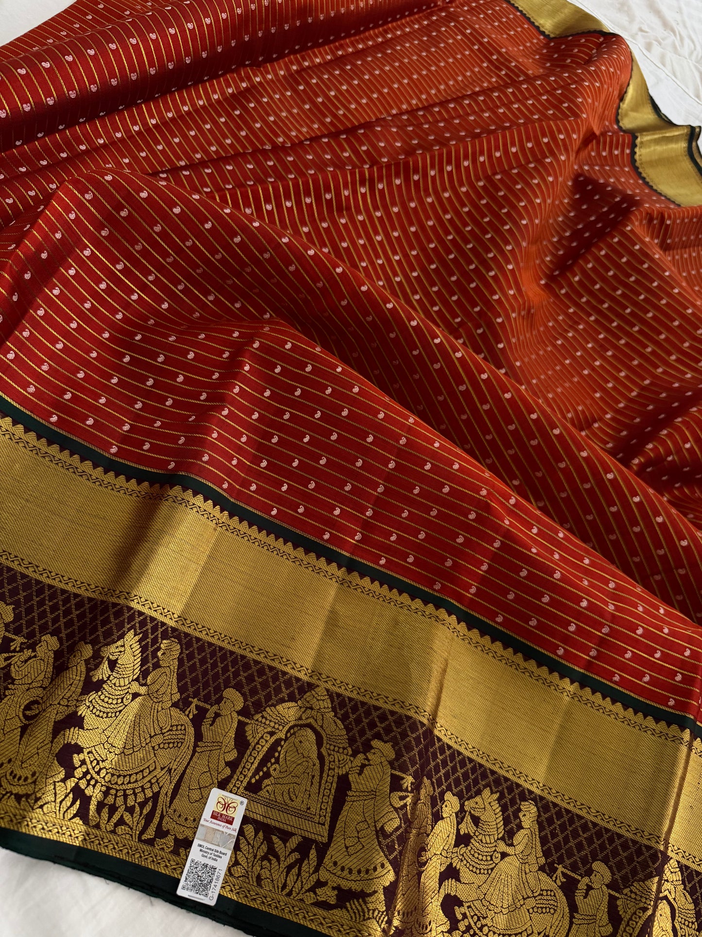 Rust Orange Pure Handloom Kanchipattu Saree with Mango Motifs & Chocolate Brown Pallaki Border