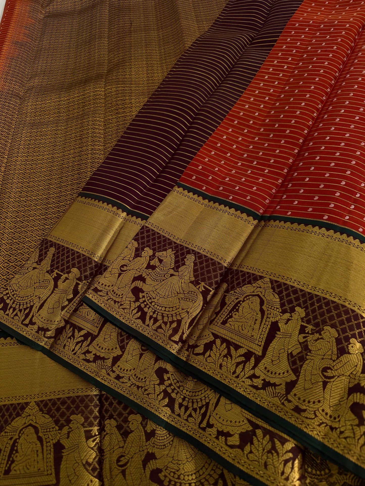 Rust Orange Pure Handloom Kanchipattu Saree with Mango Motifs & Chocolate Brown Pallaki Border