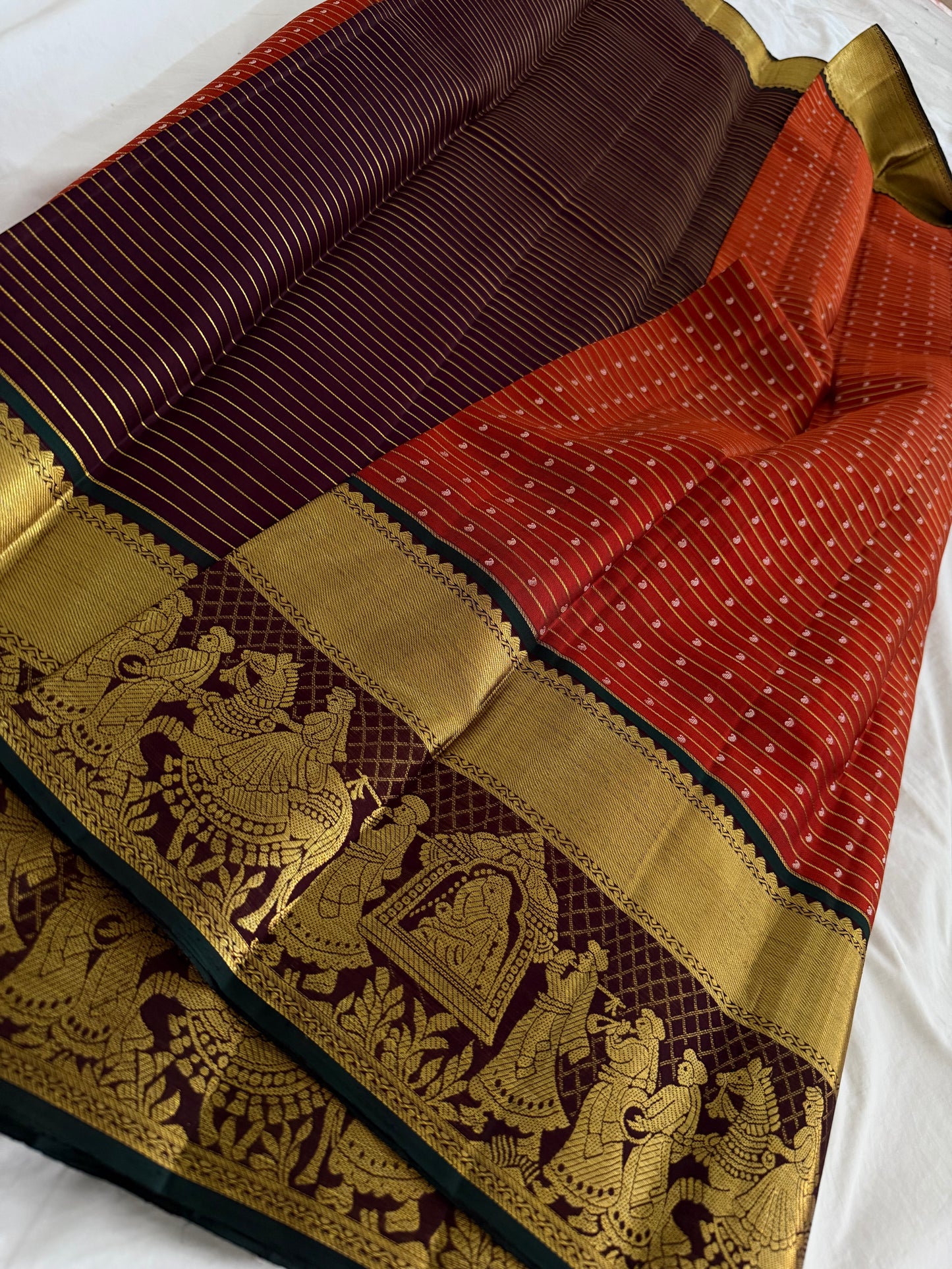 Rust Orange Pure Handloom Kanchipattu Saree with Mango Motifs & Chocolate Brown Pallaki Border