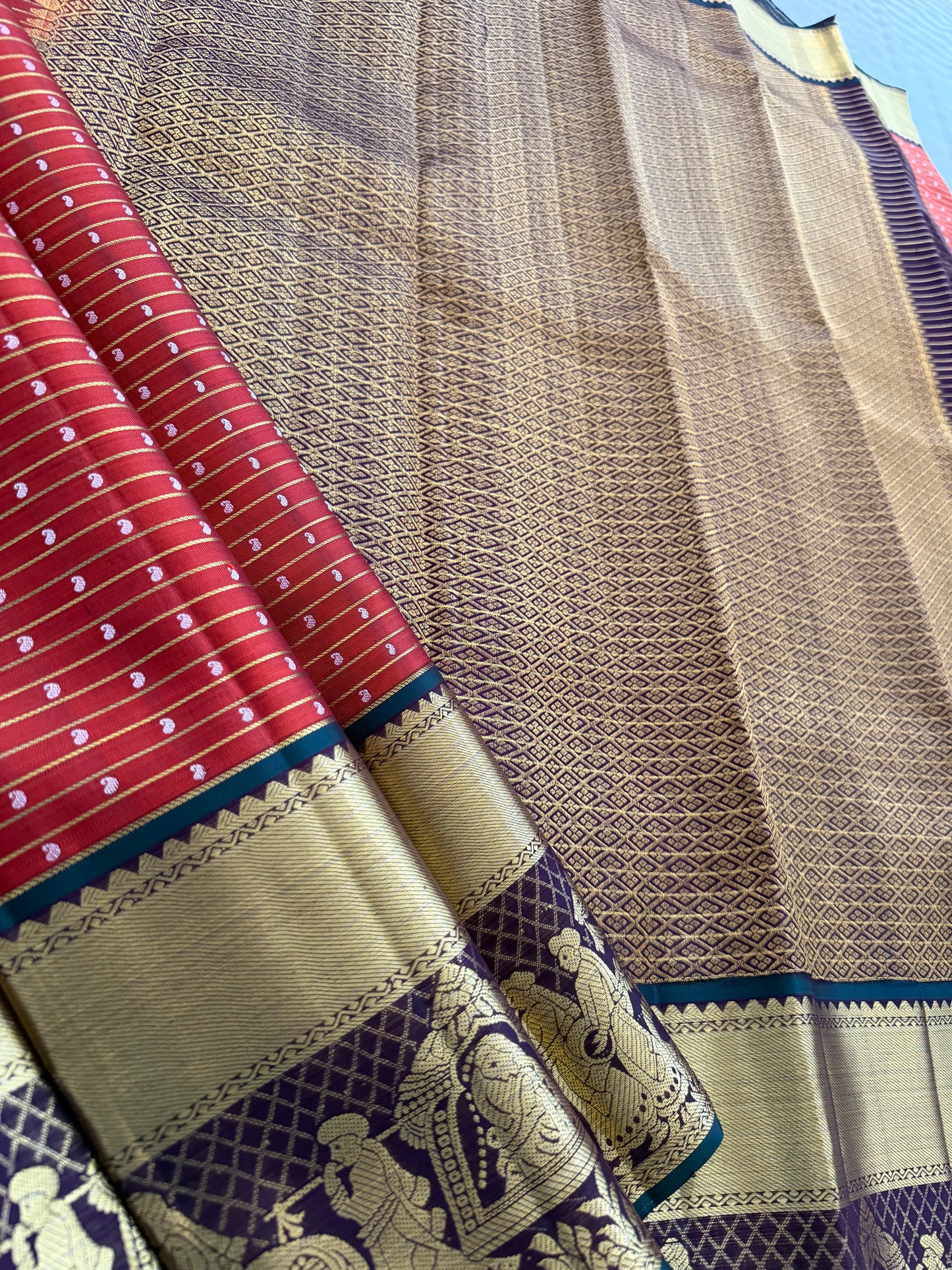 Rust Orange Pure Handloom Kanchipattu Saree with Mango Motifs & Chocolate Brown Pallaki Border