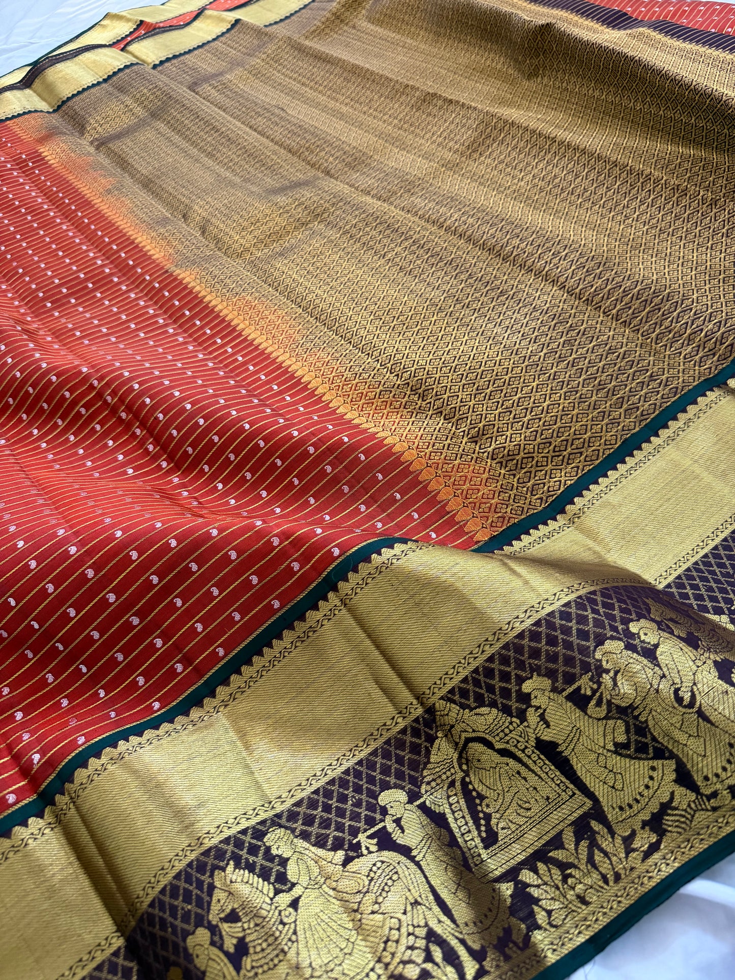 Rust Orange Pure Handloom Kanchipattu Saree with Mango Motifs & Chocolate Brown Pallaki Border