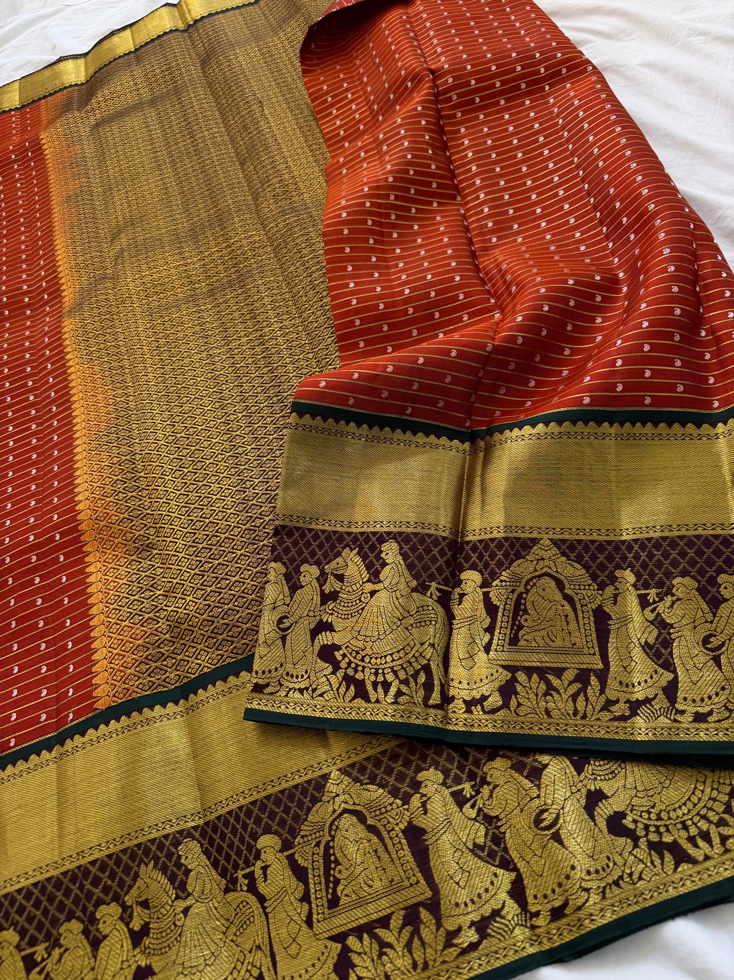 Rust Orange Pure Handloom Kanchipattu Saree with Mango Motifs & Chocolate Brown Pallaki Border