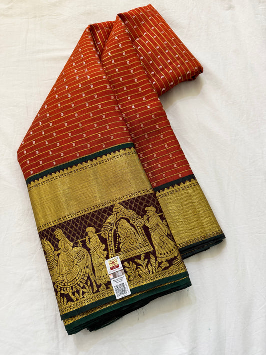 Rust Orange Pure Handloom Kanchipattu Saree with Mango Motifs & Chocolate Brown Pallaki Border
