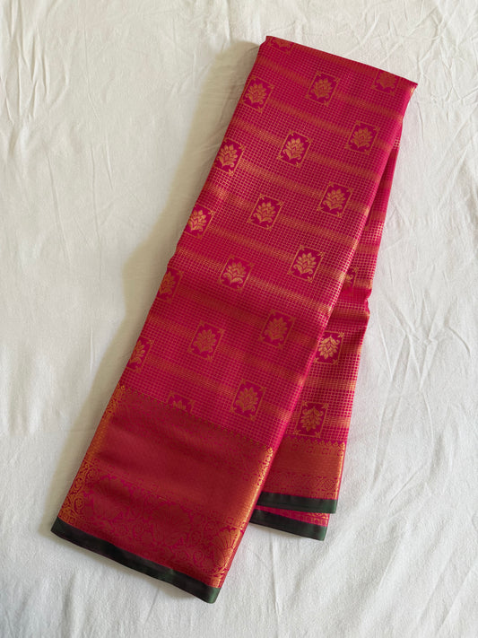 Vintage Chili red Semi Kanchipattu Saree with Gold Zari Checks & Traditional Border